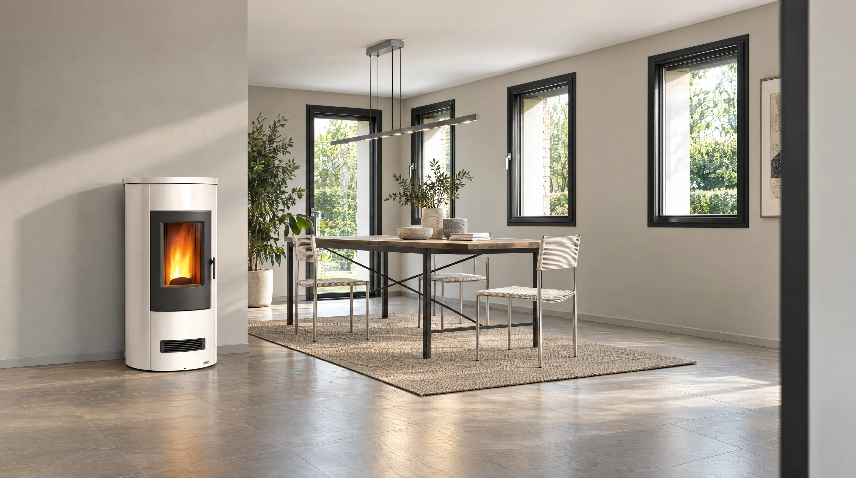 Estufa a pellet Piazzetta encendida, junto a un comedor luminoso