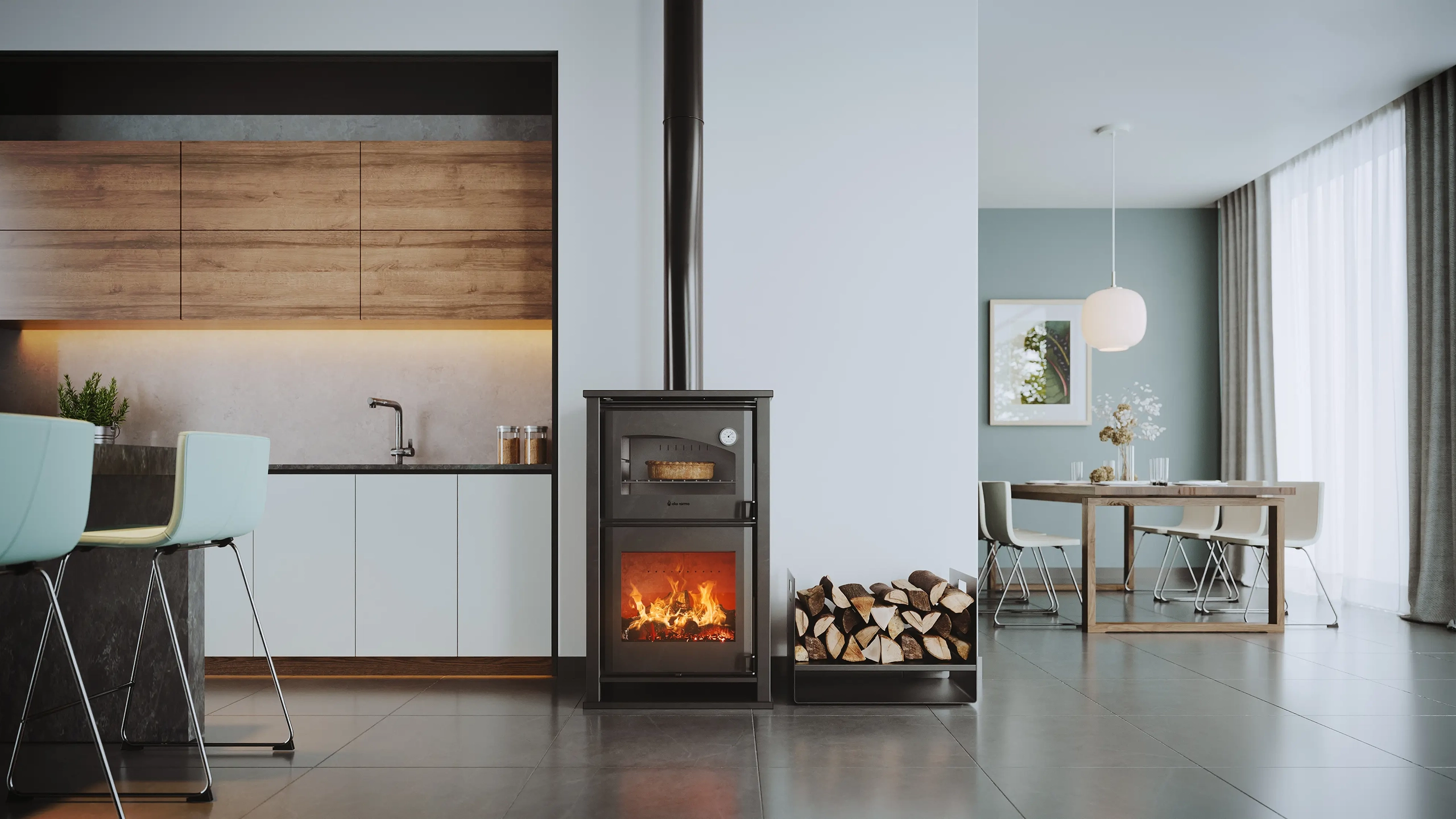 Estufa Forno con el horno de acero inoxidable, en una cocina